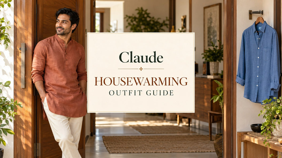 AI-generated editorial concept of an adult man in a terracotta kurta at an apartment entrance, with the text Claude Housewarming Outfit Guide.