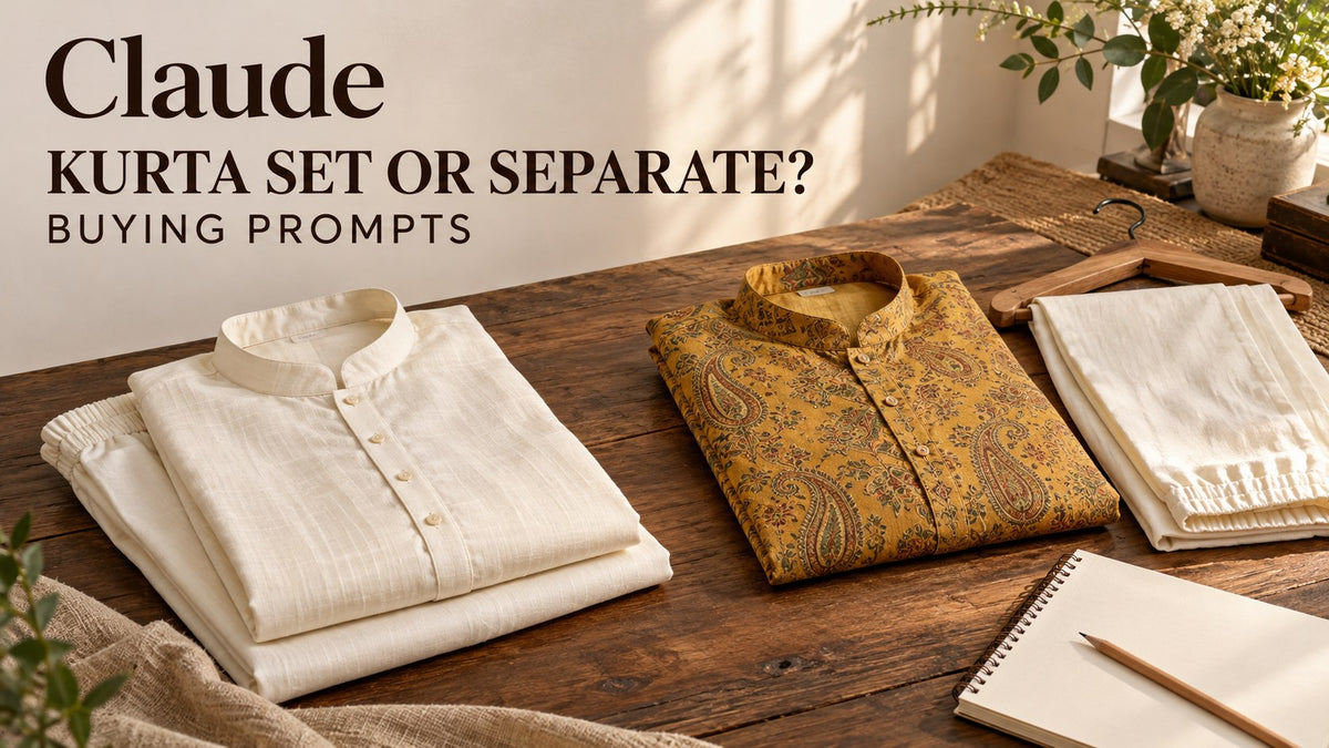 AI-generated editorial still life of a fictional ivory kurta set and separate mustard patterned kurta, with the text Claude Kurta Set or Separate? Buying Prompts.