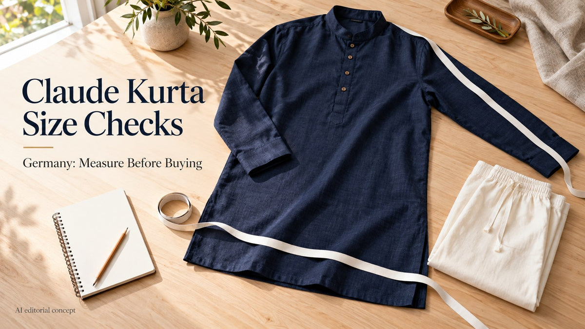 blu navy kurta and ivory pyjamas on a tailoring table with a tape measure, labelled Claude kurta taglia Checks and Germany.