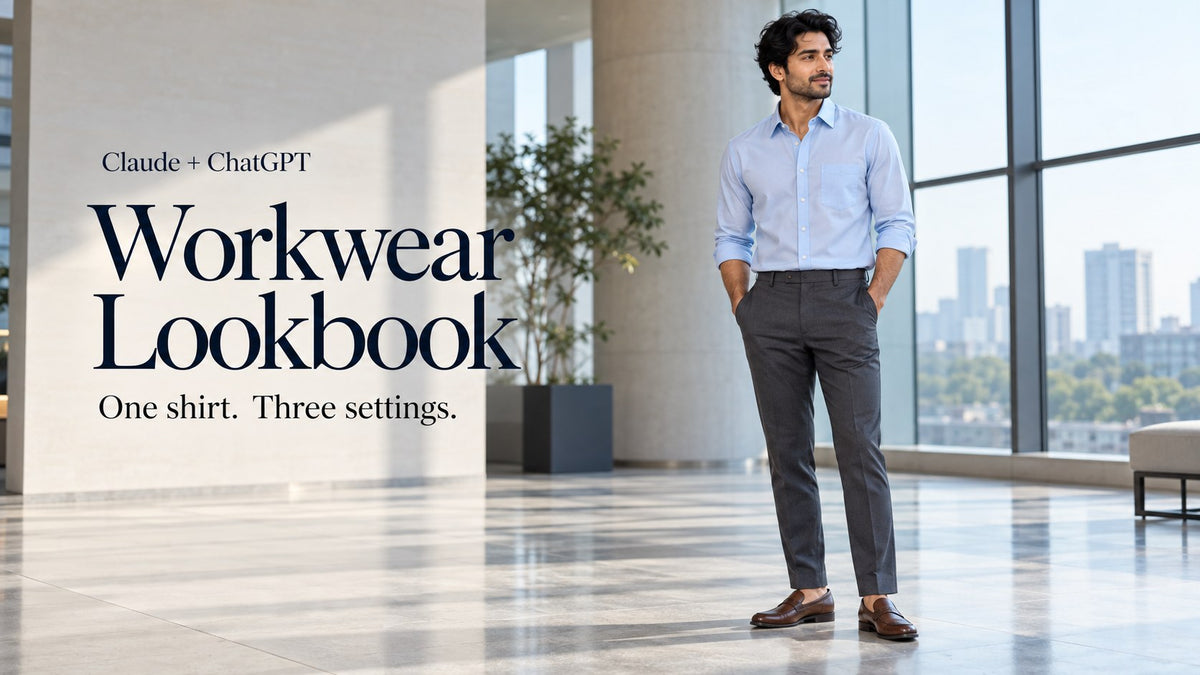 AI-generated adult man in a light-blue shirt and charcoal trousers in an office atrium