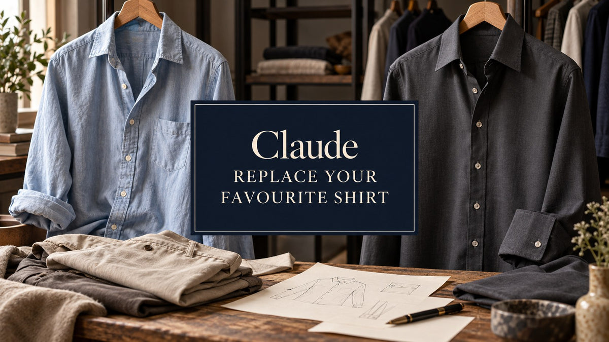 IA-generated editorial concept of two fictional shirts and wardrobe notes, with the text Claude Replace Your Favourite camicia.