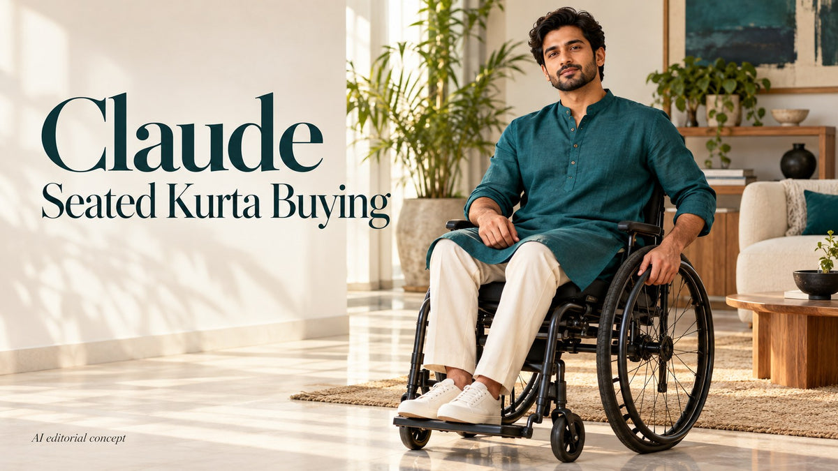 AI editorial concept of an adult wheelchair user in a teal kurta, with text Claude Seated Kurta Buying.