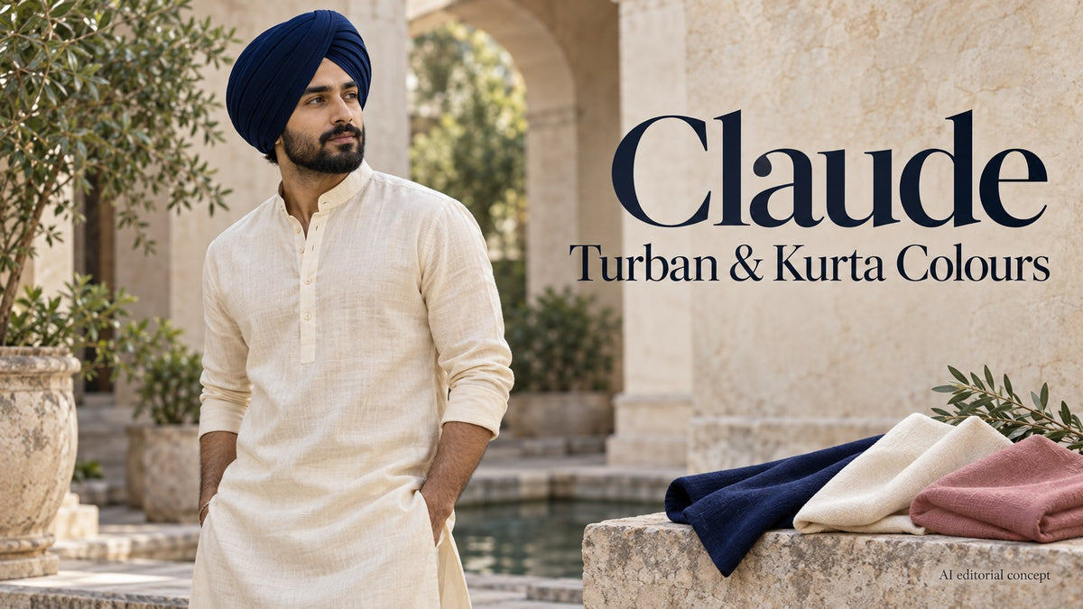 AI editorial portrait of an adult in a navy turban and cream kurta, with text Claude Turban and Kurta Colours.