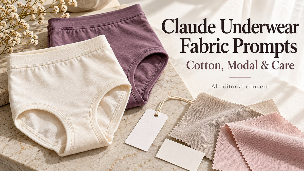 Fictional underwear swatches and folded briefs with Claude Underwear Fabric Prompts and Cotton, Modal & Care typography.