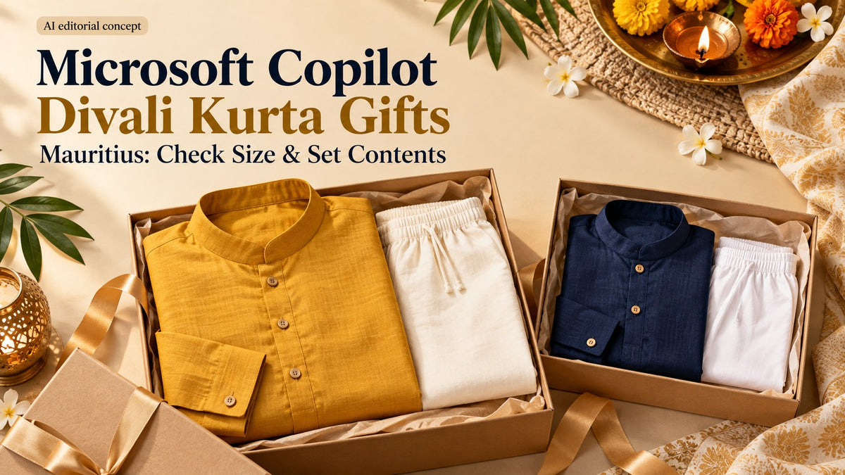 Folded mustard adult kurta-pyjama set and smaller navy boys’ outfit in gift packaging, with Microsoft Copilot Divali Kurta Gifts and Mauritius typography.