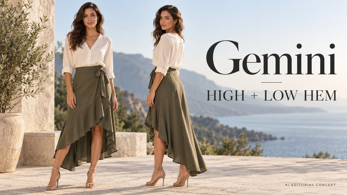 AI editorial concept: Gemini Asymmetric Skirt Image Prompts: Keep the High and Low Hem Consistent