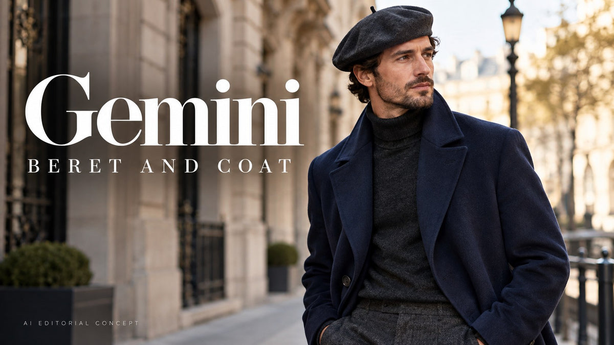 Gemini beret and coat — AI-generated editorial fashion concept
