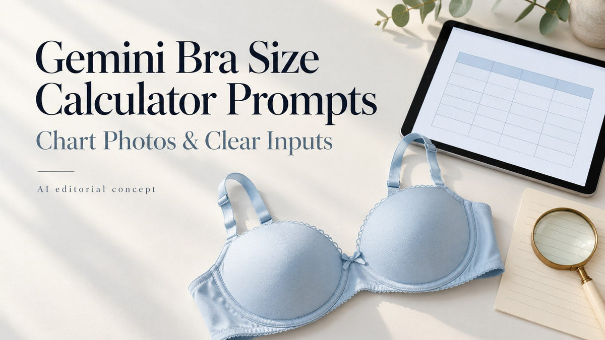 Pale blue fictional bra and a tablet with a blank grid beneath Gemini Bra Size Calculator Prompts text.