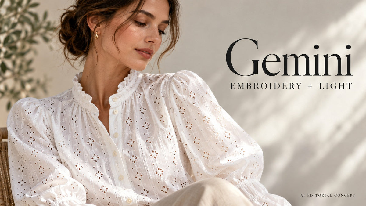 Gemini embroidery + light — AI-generated editorial clothing concept
