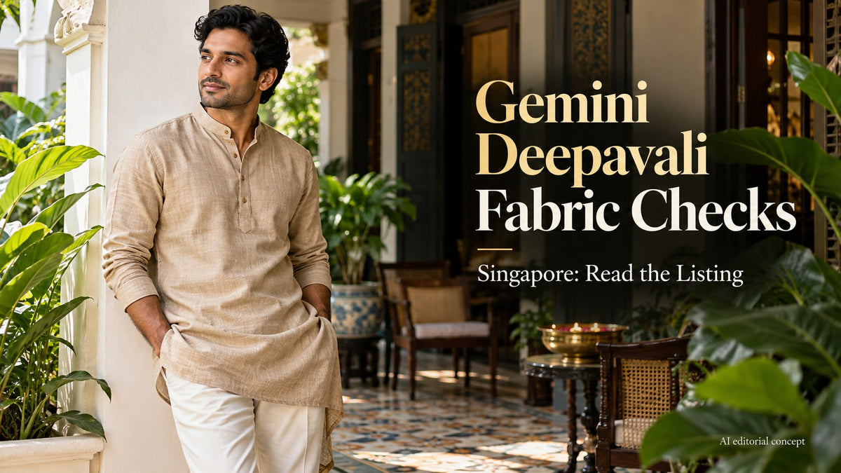 Fictional adult in a sand-beige kurta in a sheltered shophouse courtyard, with Gemini Deepavali Fabric Checks and Singapore typography.
