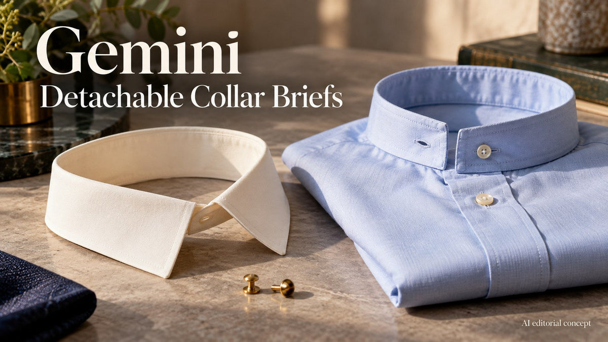 AI editorial still life of a shirt neckband and separate ivory collar, with text Gemini Detachable Collar Briefs.