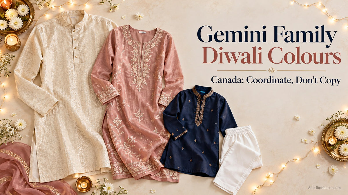 Adult cream and dusty-rose kurtas beside a smaller navy boys’ outfit, with Gemini Family Diwali Colours and Canada typography.