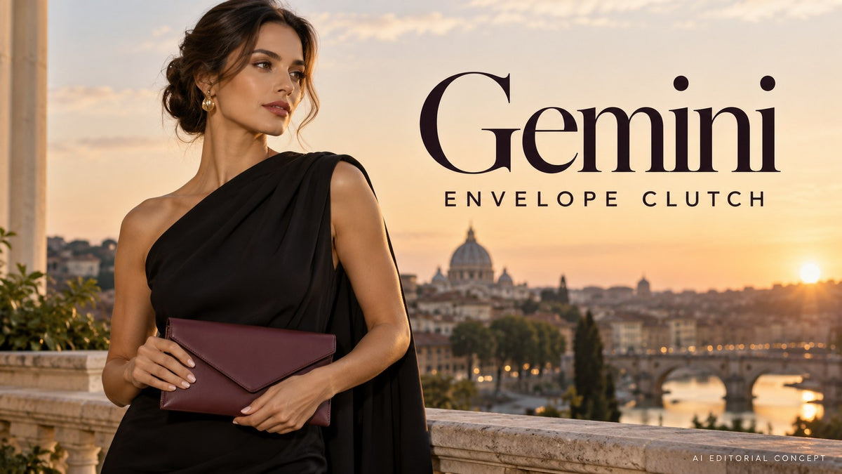 Gemini envelope clutch — AI-generated editorial fashion concept