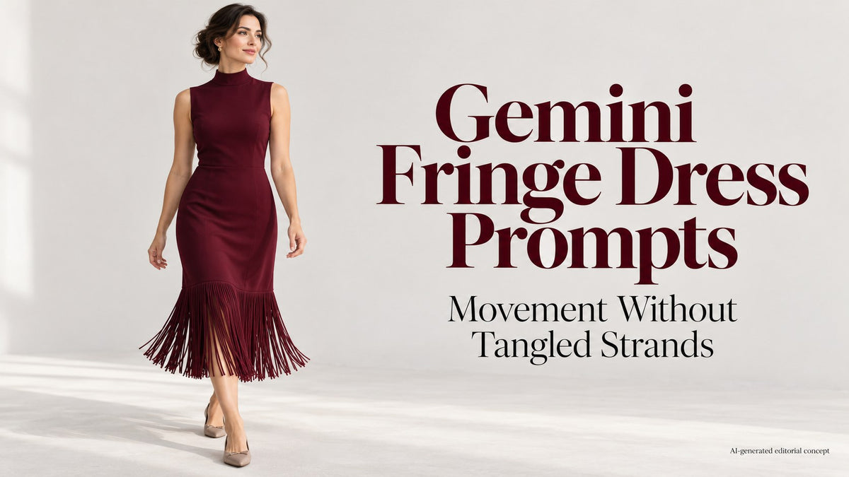 KI editorial adult woman in an opaque burgundy midi dress with a lower fringe panel, with Gemini title text.