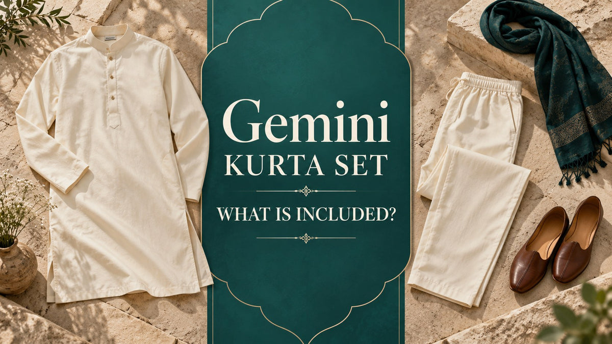 IA-generated editorial concept of an ivory kurta and pyjama trousers with separate accessories and the text Gemini kurta set What Is Included?
