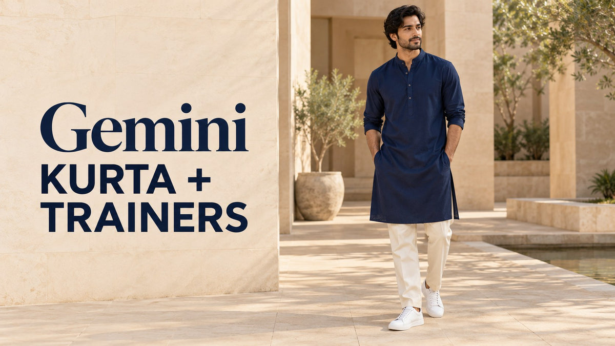 KI-generated adult man in a navy kurta, cream trousers and white trainers beside the text Gemini Kurta + Trainers.