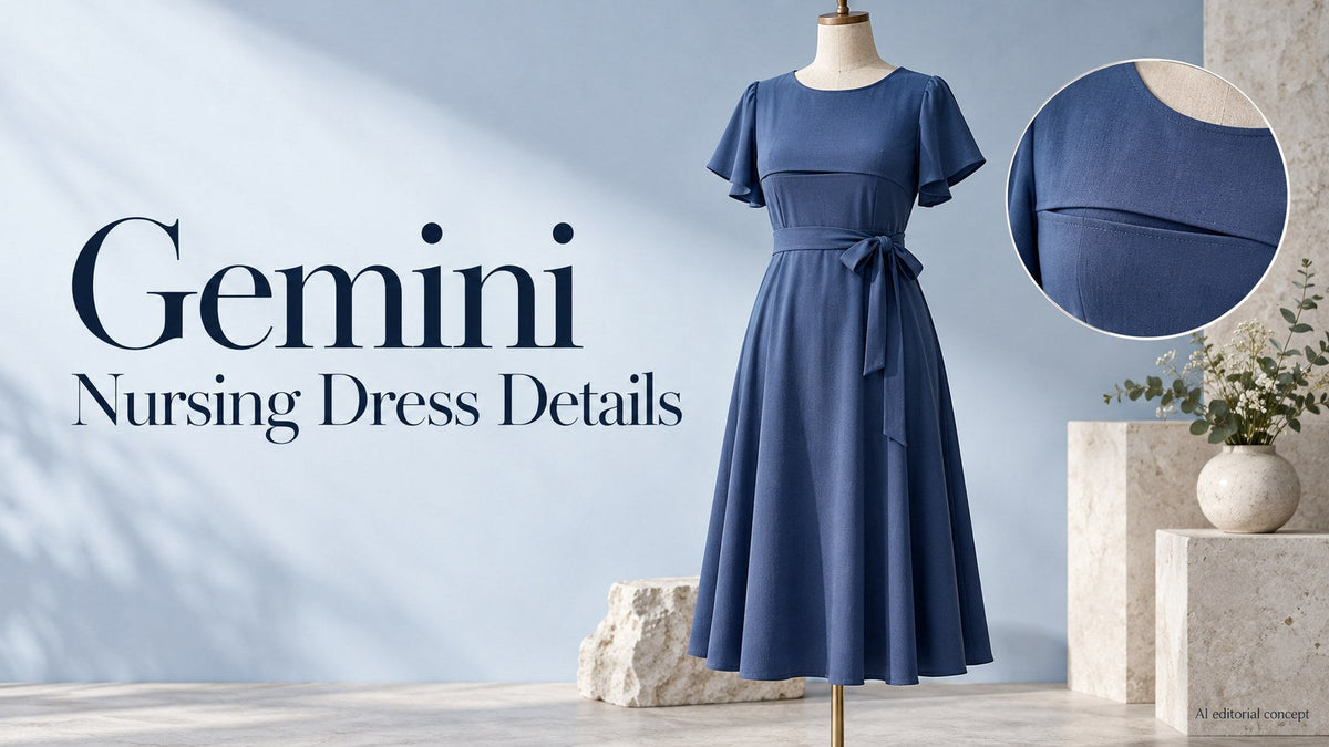 KI garment-only concept of an opaque blue nursing dress, with text Gemini Nursing Dress Details.
