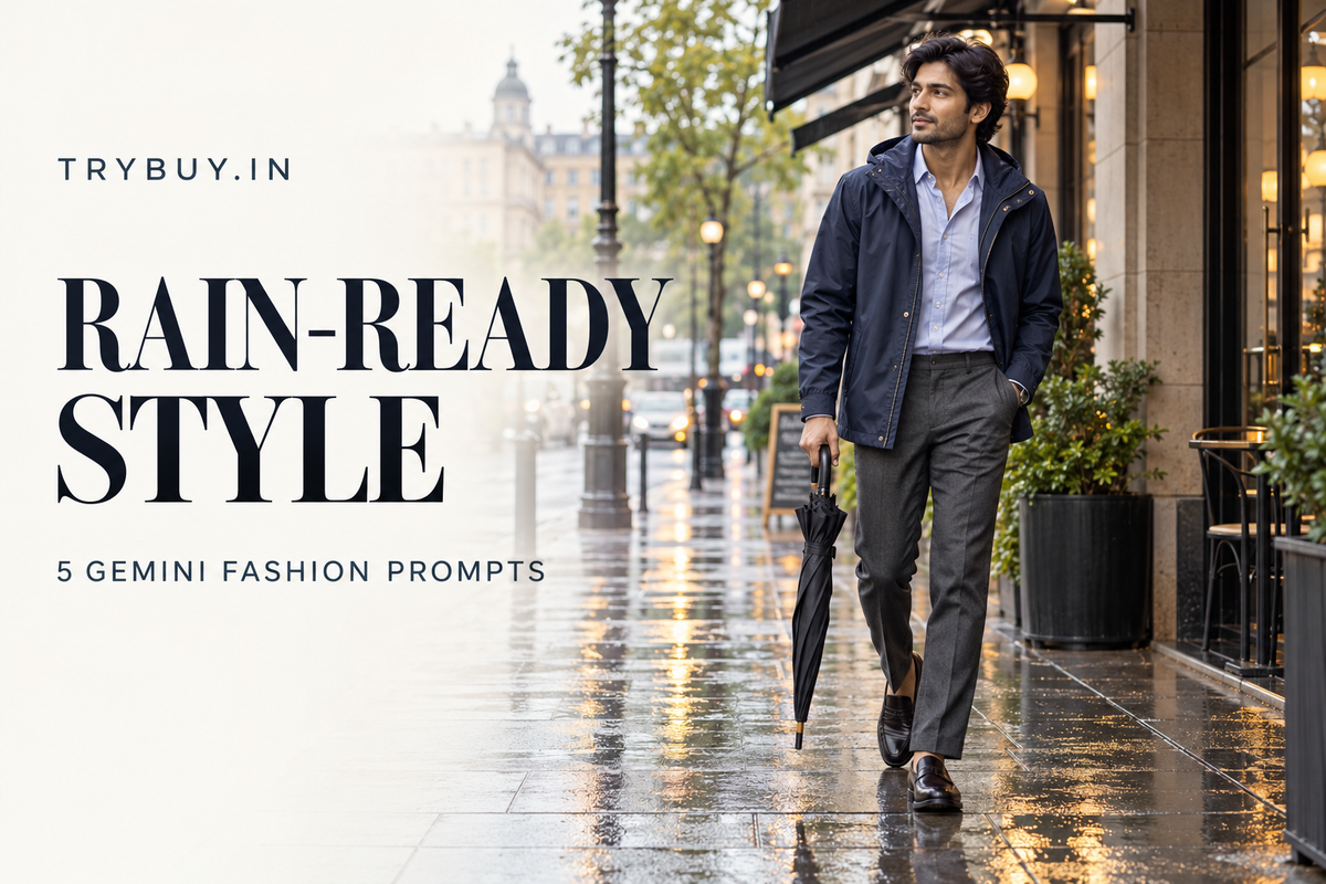 Editorial cover of a man in a navy jacket over a pale blue shirt on a rainy city street, with Rain-Ready Style and 5 Gemini Fashion Prompts