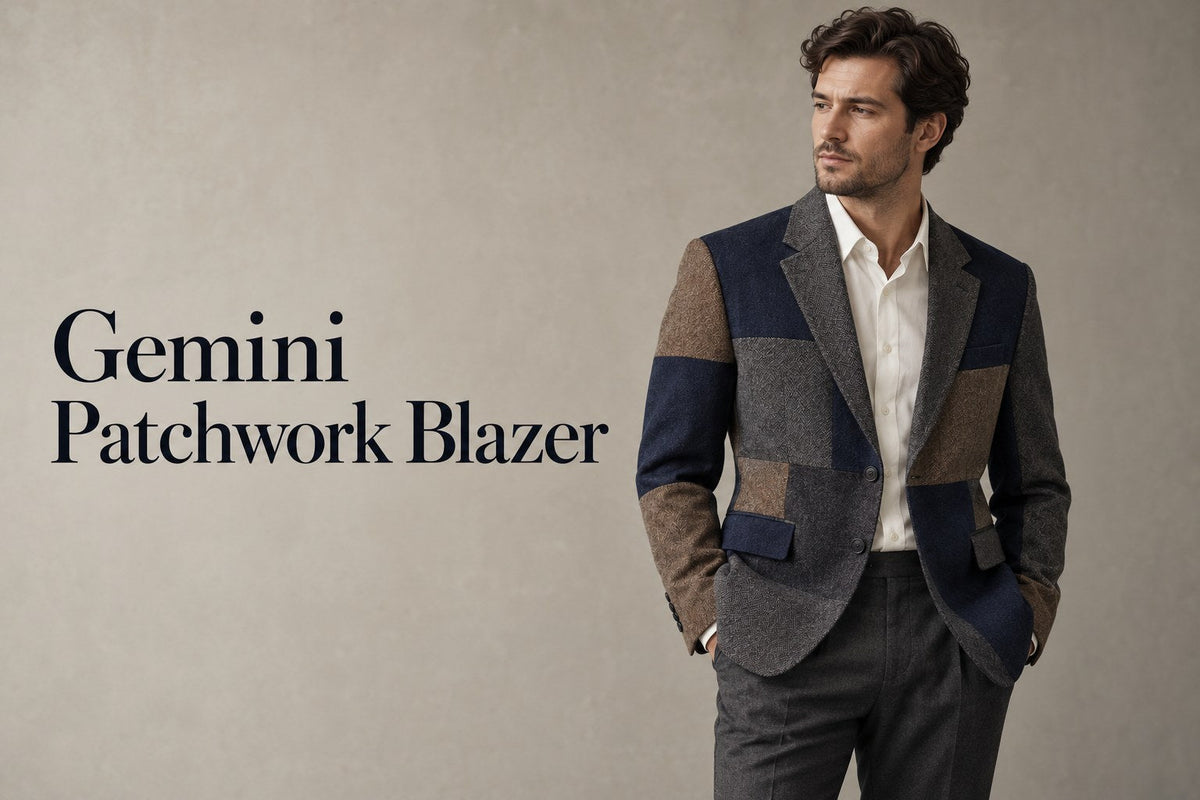 AI-generated editorial concept of a man in a navy, charcoal and brown patchwork blazer over an ivory shirt, with text Gemini Patchwork Blazer.