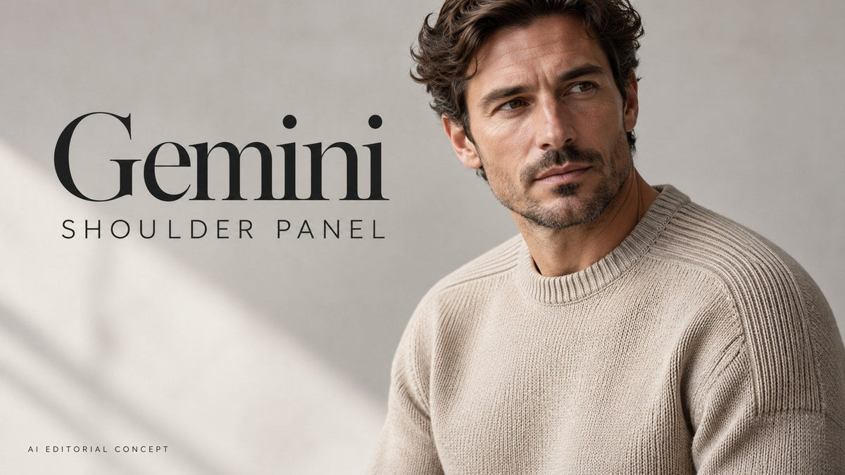 Gemini shoulder panel — KI-generated editorial clothing concept