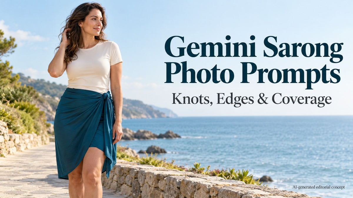 KI editorial adult in an opaque cream top and teal sarong-style wrap on a coastal walkway, with Gemini title text.