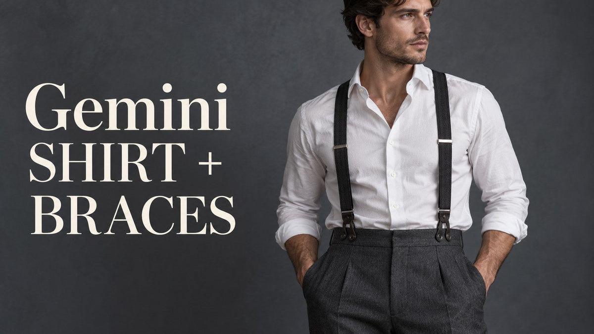 AI-generated adult man in a white shirt and dark trousers with braces beside the text Gemini Shirt + Braces.