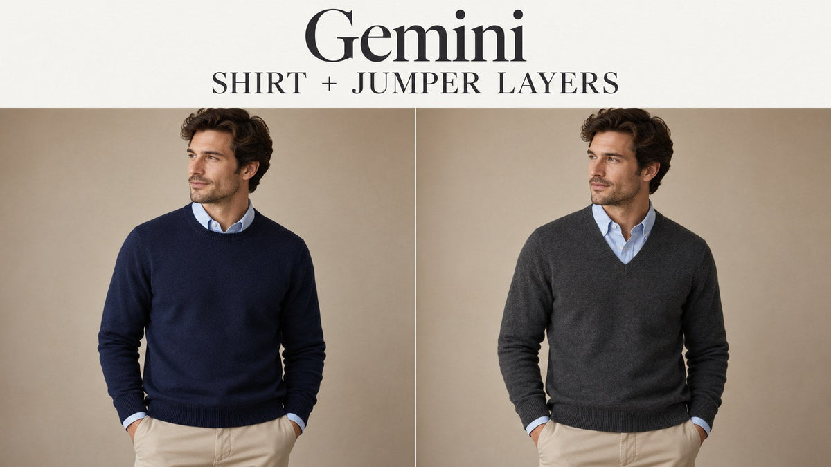 AI-generated comparison of a pale-blue shirt under crew-neck and V-neck jumpers, headed Gemini Shirt + Jumper Layers.