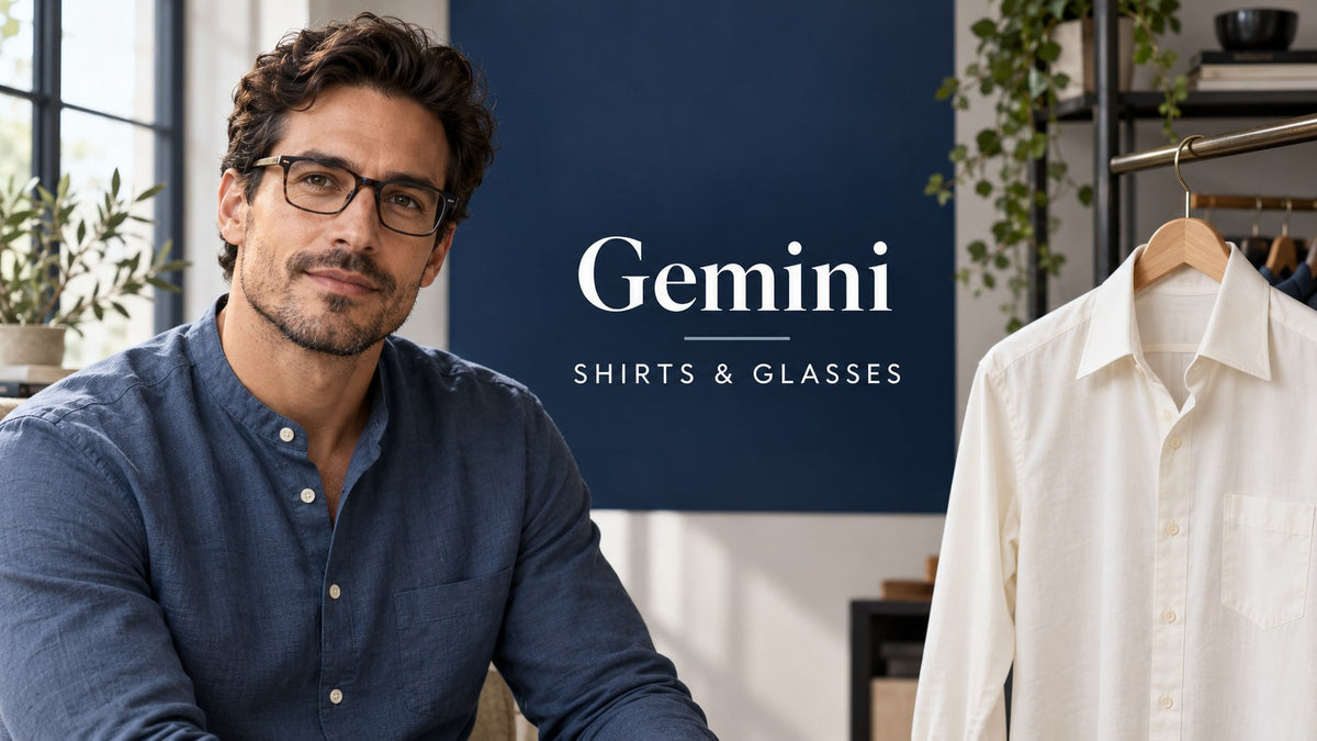 IA-generated editorial concept of an adult man in eyeglasses and a blue stand-collar shirt, with the text Gemini camicie and Glasses.