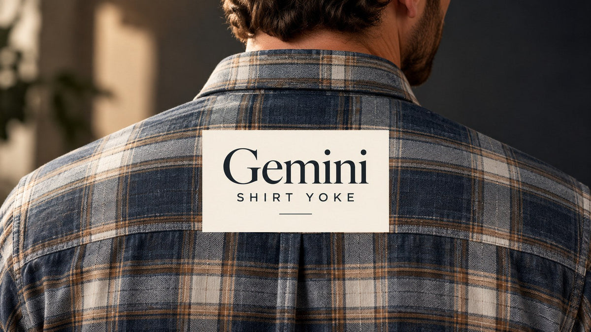 KI-generated editorial detail of a fictional checked shirt's upper-back yoke, partly covered by the title Gemini Hemd Yoke.