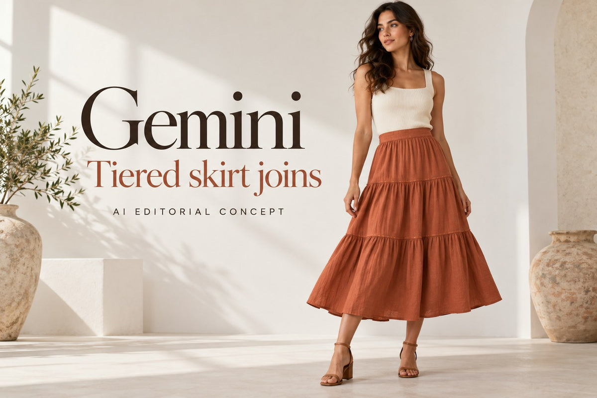 Gemini — Tiered skirt joins — IA-generated editorial concept