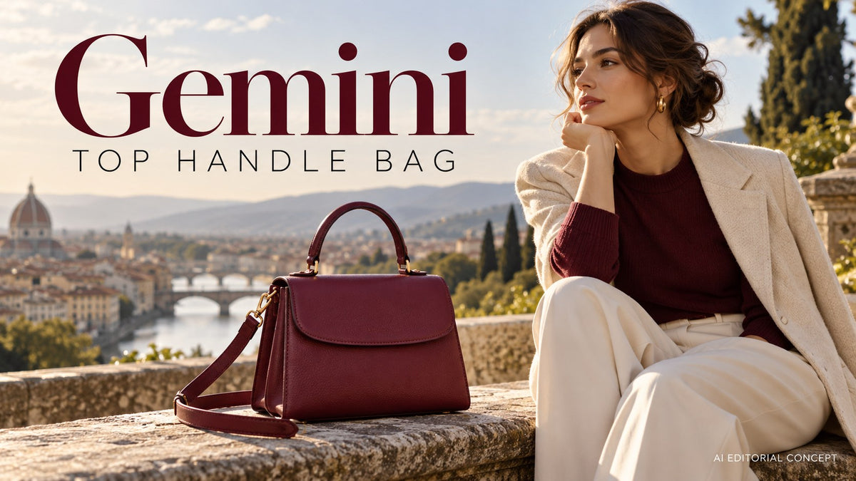 Gemini top handle bag — AI-generated editorial fashion concept