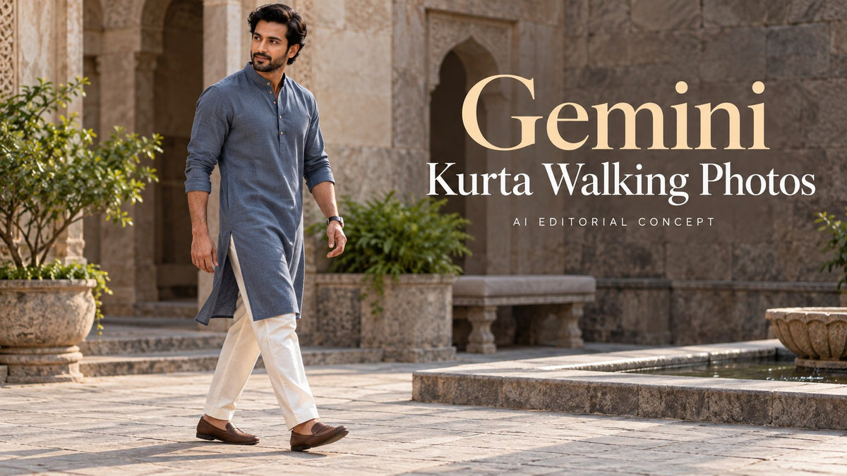 Gemini — Kurta Walking Photos; AI-generated fashion editorial concept