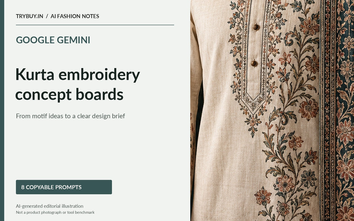Google Gemini kurta embroidery concept prompts with a cream garment and botanical motifs; AI-generated editorial artwork, not a real product.