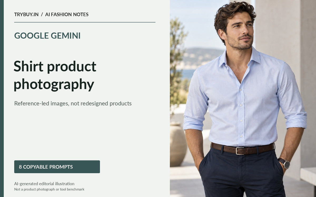 Google Gemini shirt product photography prompt guide with a model in a light-blue shirt on a stone terrace. AI-generated editorial illustration.