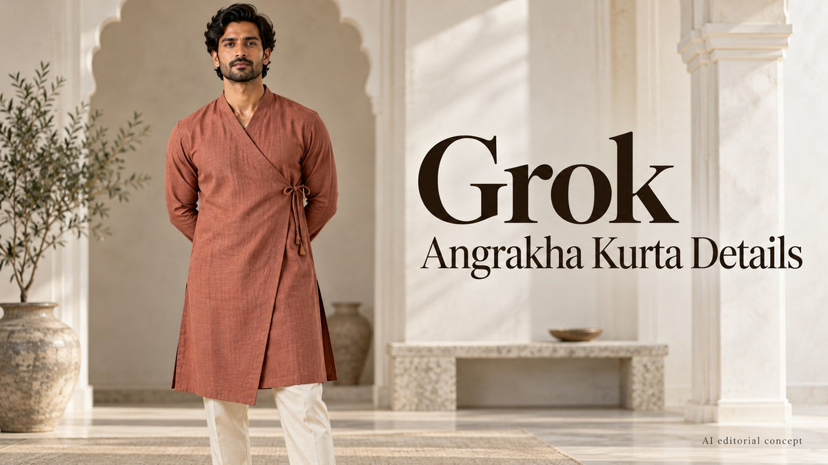 KI editorial concept of an adult in a terracotta wrap-front kurta, with text Grok Angrakha Kurta Details.