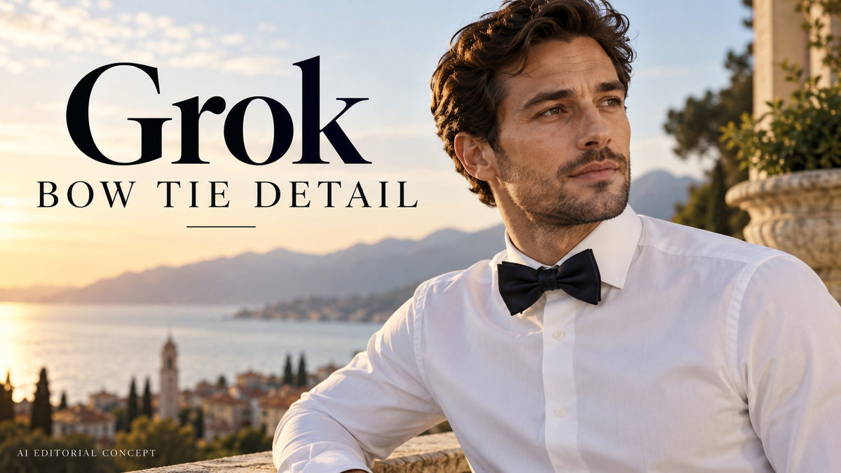 Grok bow tie detail — AI-generated editorial fashion concept