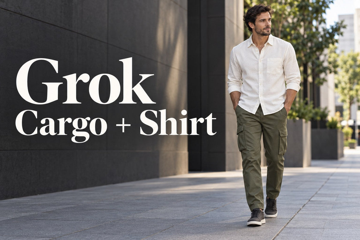 AI-generated editorial concept of a man in olive cargo trousers and an off-white shirt, with text Grok Cargo + Shirt.