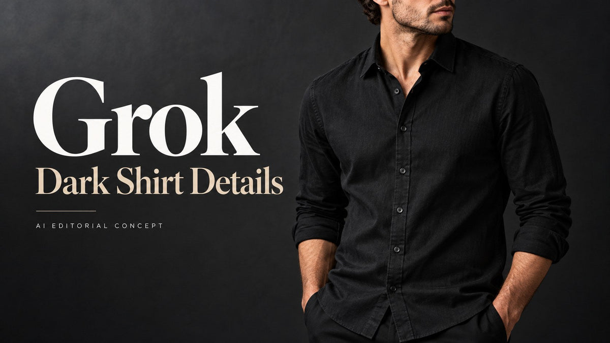 Grok — Dark Shirt Details; AI-generated fashion editorial concept