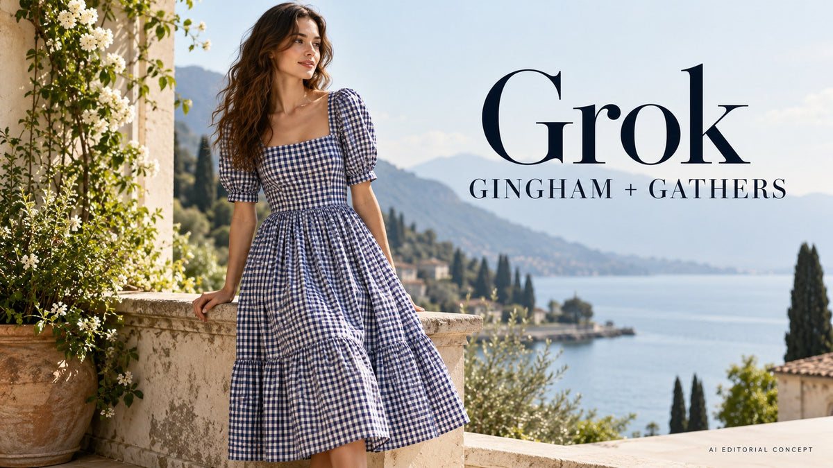 Grok gingham + gathers — AI-generated editorial clothing concept