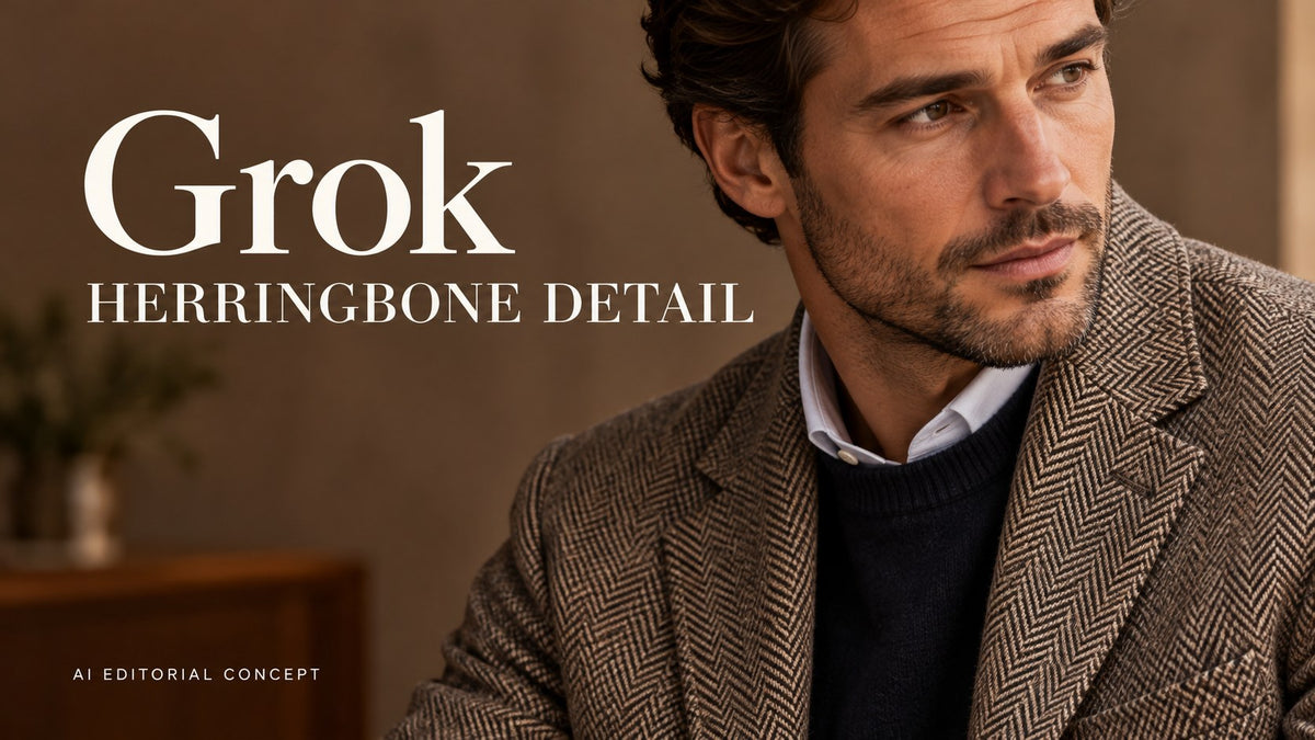 AI editorial concept: Grok Herringbone Jacket Image Prompts: Preserve the Zigzag Weave