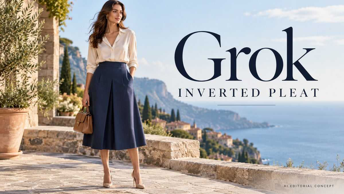 Grok inverted pleat — IA-generated editorial fashion concept