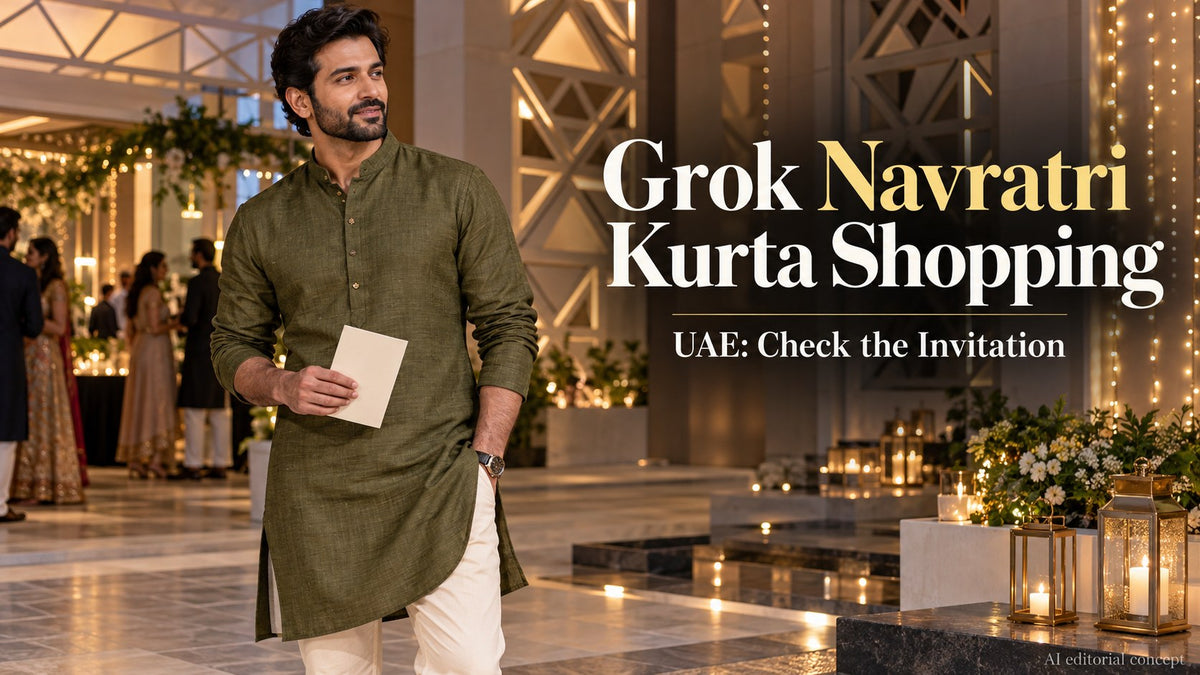 Fictional adult in an olive kurta in a contemporary community venue, with Grok Navratri Kurta Shopping and UAE typography.