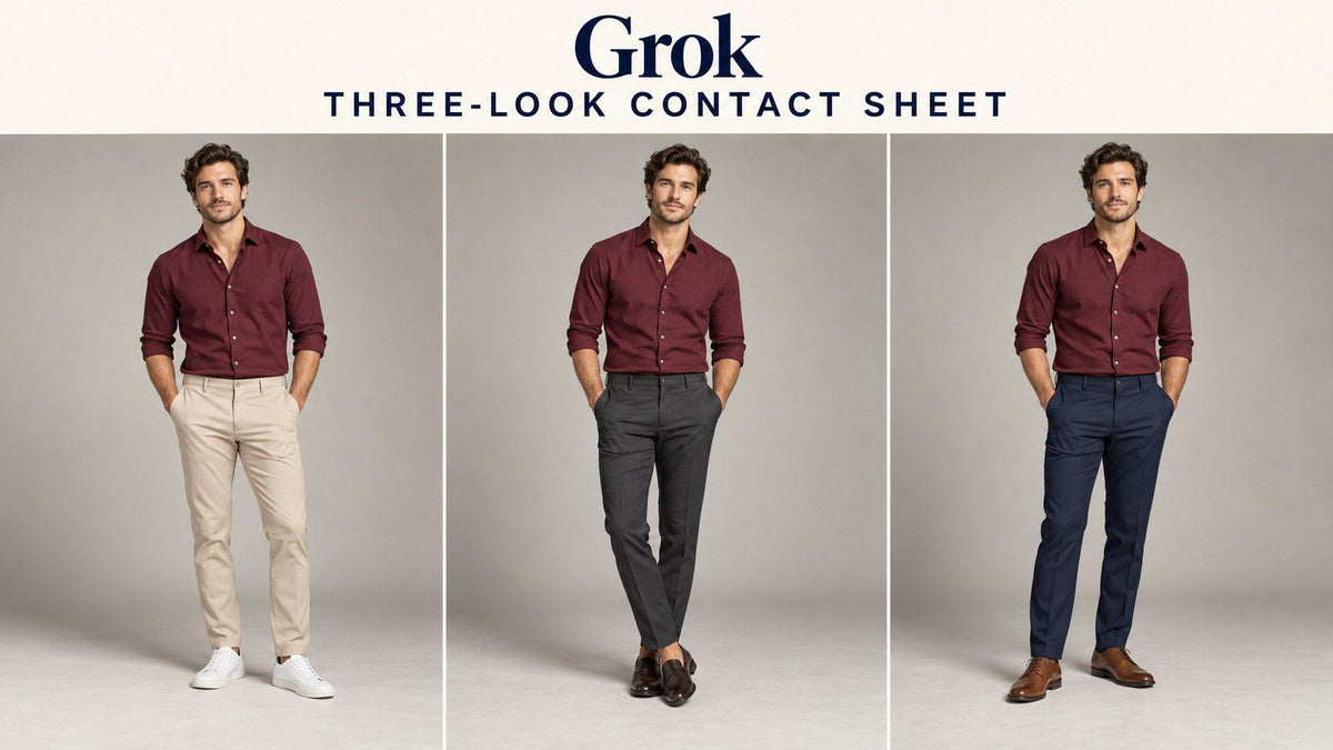 KI-generated three-panel concept of an adult man wearing the same burgundy shirt with different trousers and shoes, headed Grok Three-Look Contact Sheet.