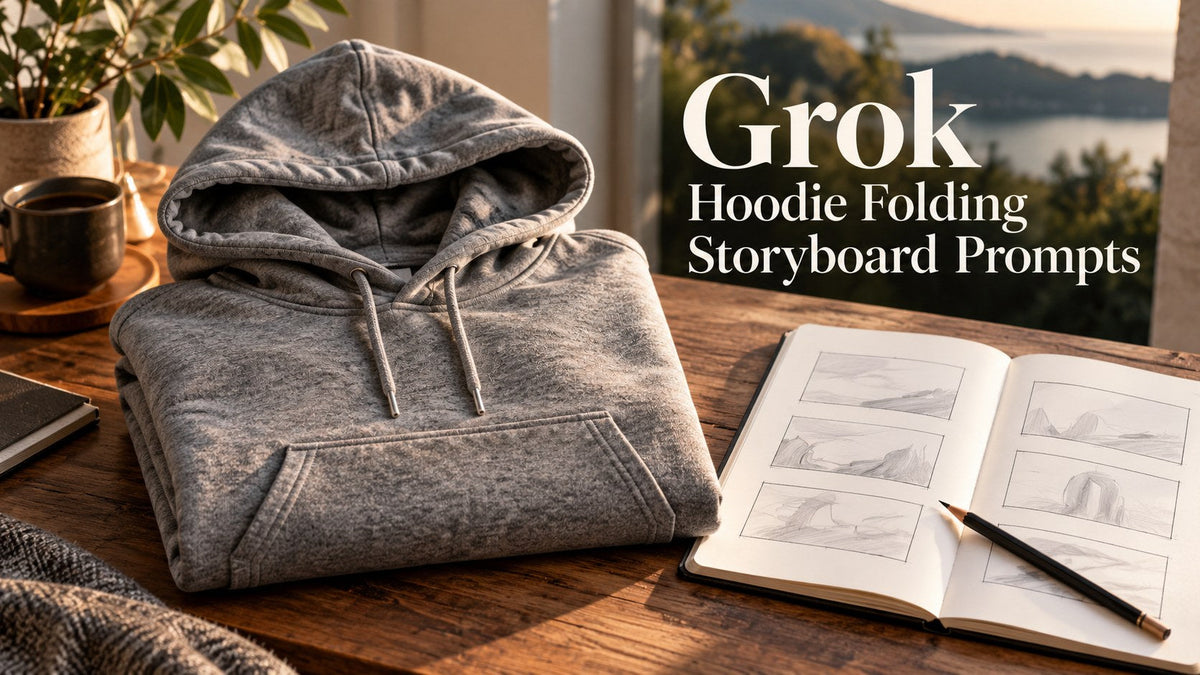 KI-generated editorial concept — Grok: Pullover Hoodie Folding Sequence Storyboard Prompts; not an actual product photograph