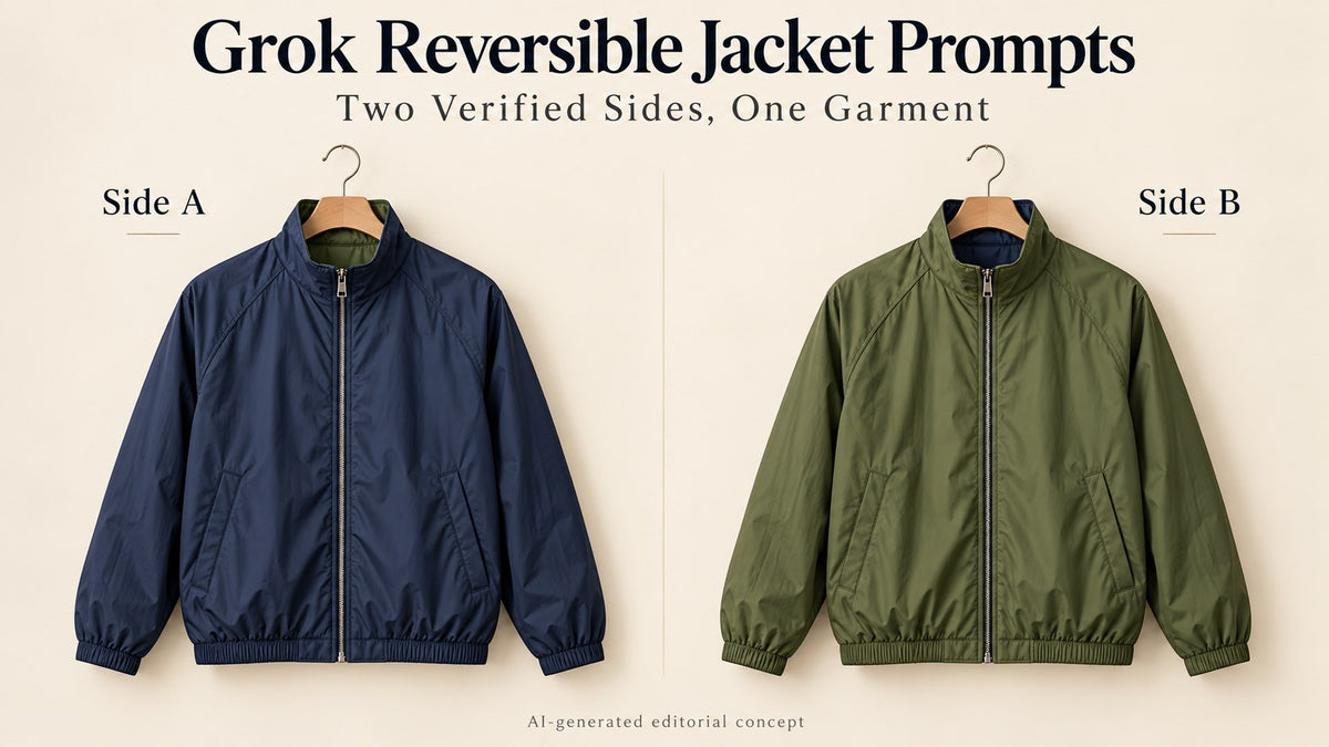 KI editorial comparison of fictional navy and olive jacket sides labelled Side A and Side B, with Grok title text.