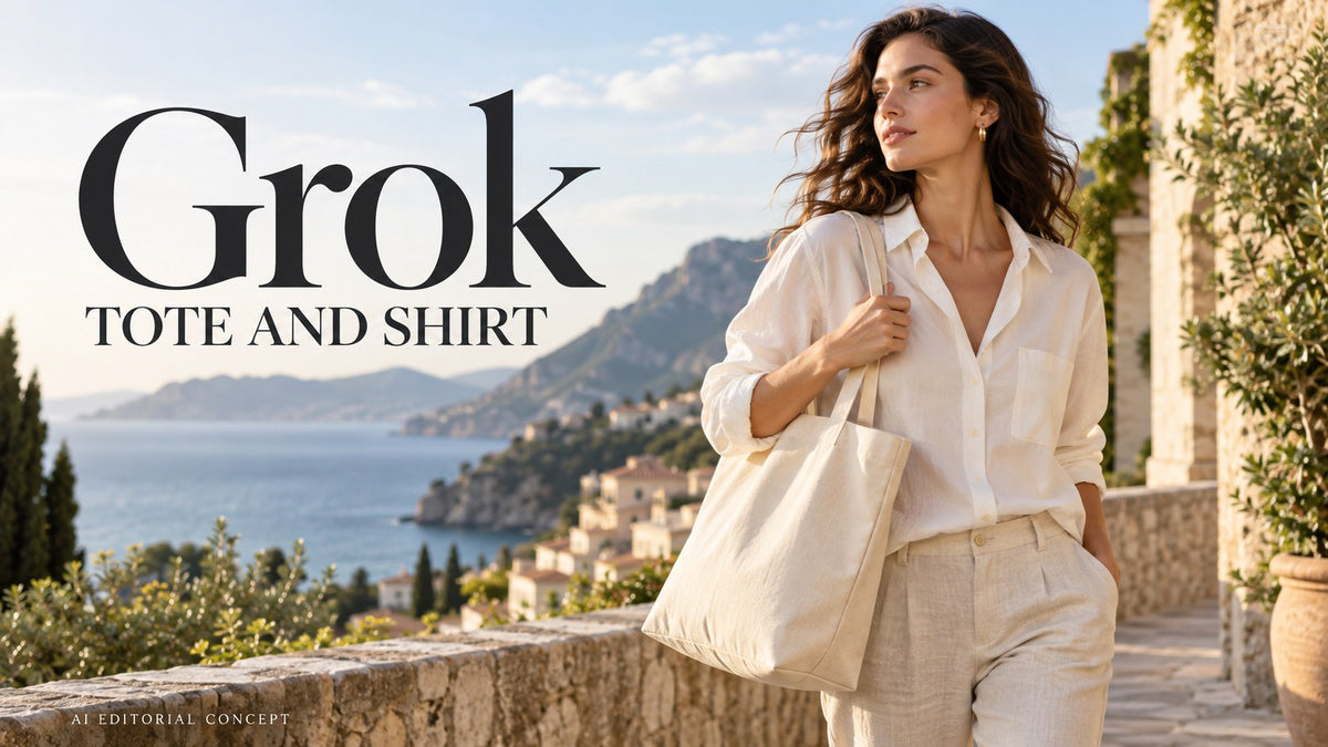 Grok tote and shirt — AI-generated editorial fashion concept