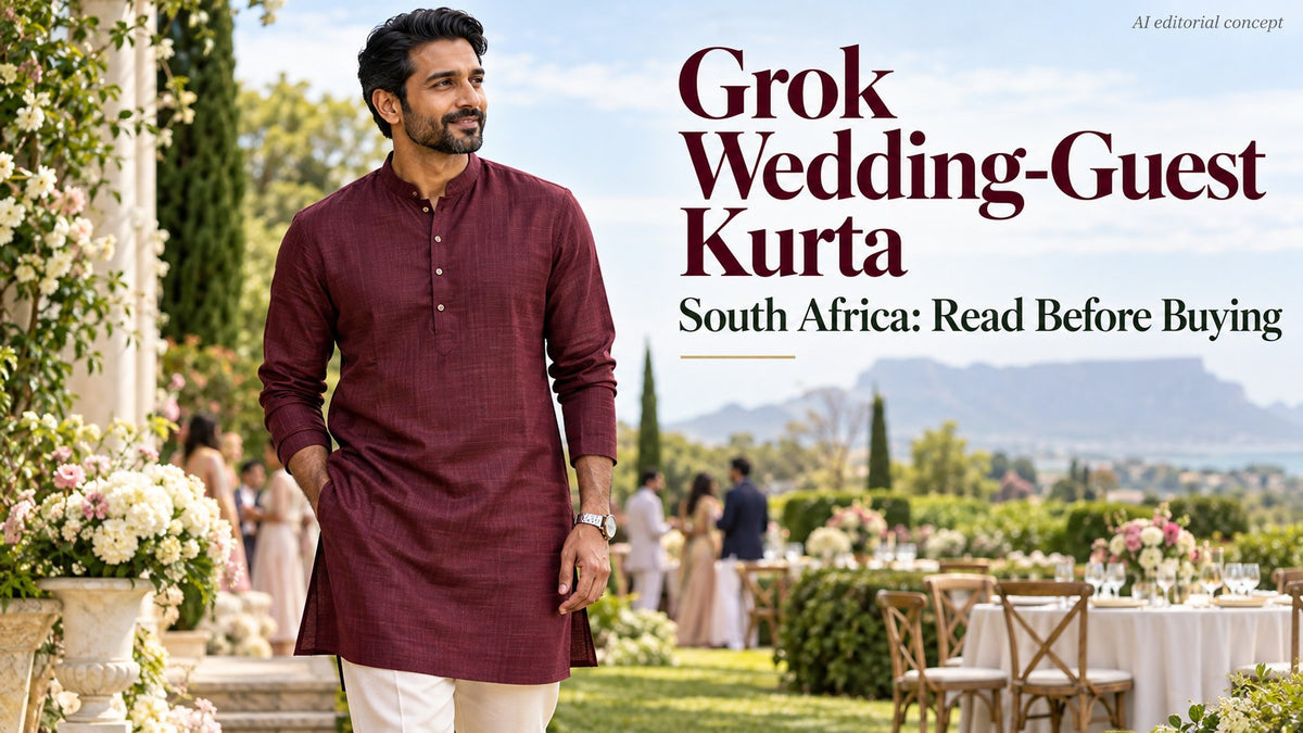 Fictional adult wedding guest in a muted wine kurta at a garden venue, with Grok Wedding-Guest Kurta and South Africa typography.