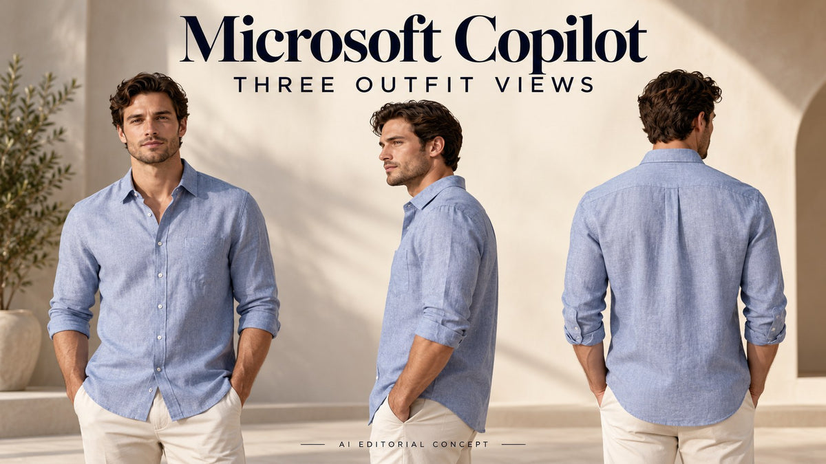 Microsoft Copilot three outfit views — AI-generated editorial fashion concept