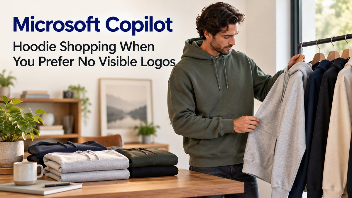 AI-generated editorial concept — Microsoft Copilot: Hoodie Shopping When You Prefer No Visible Logos; not an actual product photograph