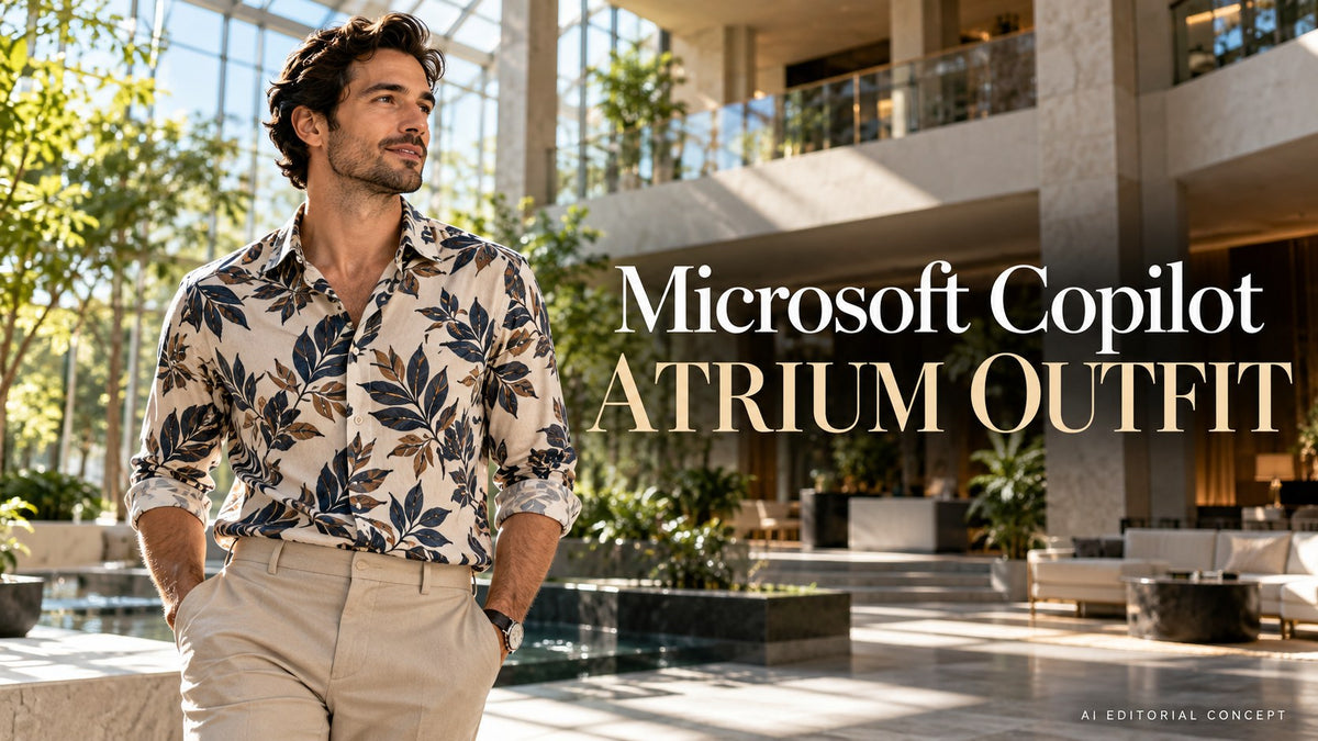 Microsoft Copilot atrium outfit — AI-generated editorial fashion concept